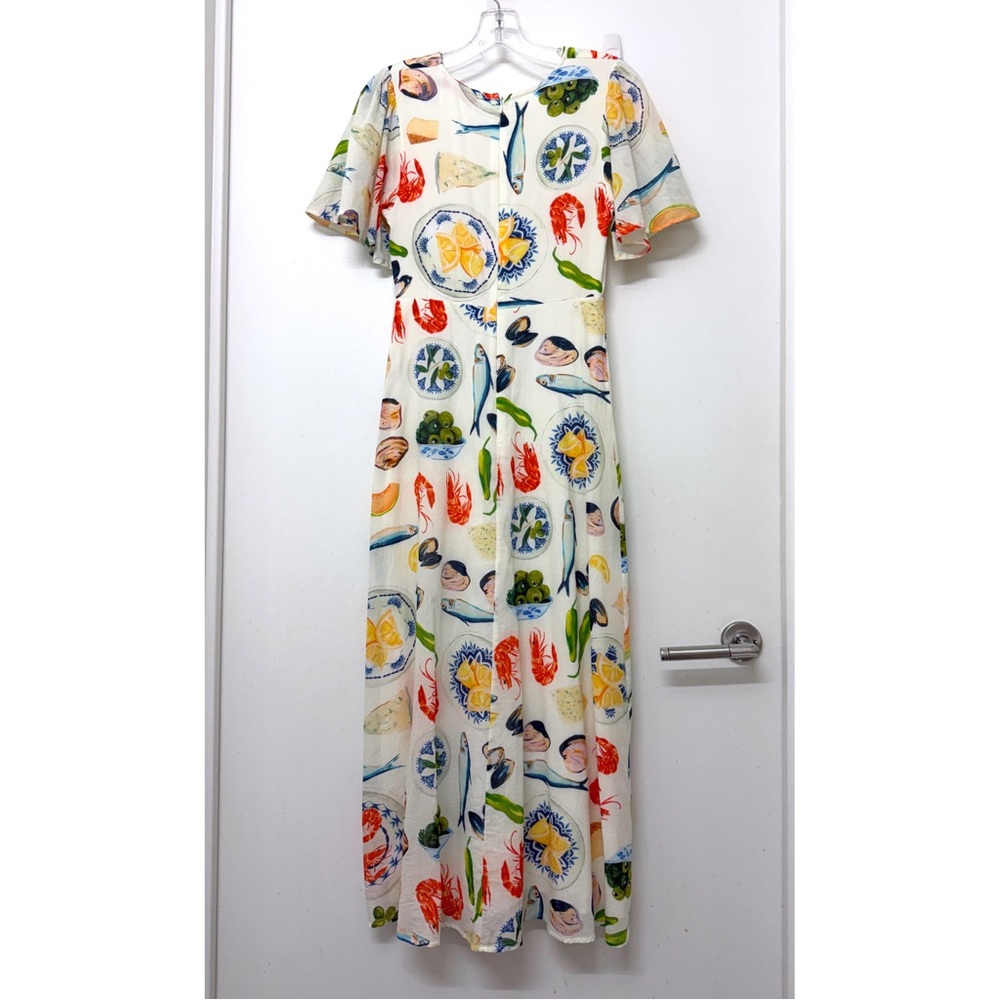 Lisa Says Gah Grace Food Print Midi Dress Tapas Ivory Lemon Olive Fruit XS - Picture 8 of 16